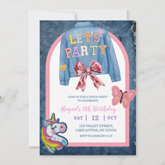 Bow Denim Jacket Patch Party Birthday 招待状 (正面)
