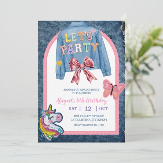 Bow Denim Jacket Patch Party Birthday 招待状 (スタンド正面)