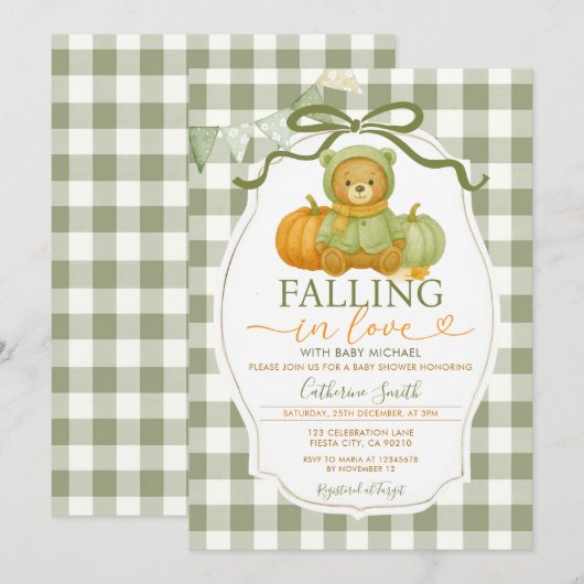Bow Fall in love Bear Pumpkin Baby shower Gingham 招待状 (正面/裏面)
