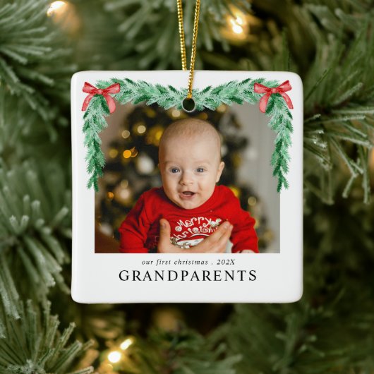  Bow First Christmas Grandparents Newborn Photo  セラミックオーナメント (ツリー)