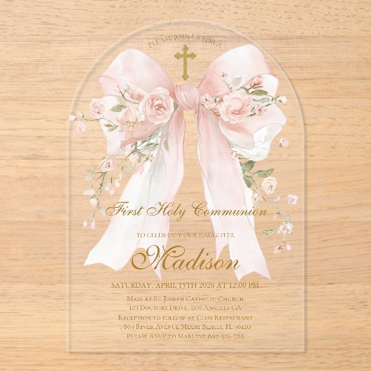Bow First Holy Communion Girl - Boho Arch アクリル招待状 (正面)