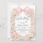 Bow Floral Blush Pink Coquette Girl Baby Shower 招待状 (正面)