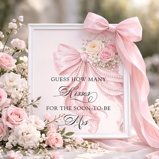 Bow Floral How Many Kisses Bridal Shower Game ポスター
