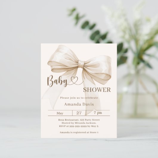 Bow gender neutral beige Baby Shower invitation (スタンド正面)