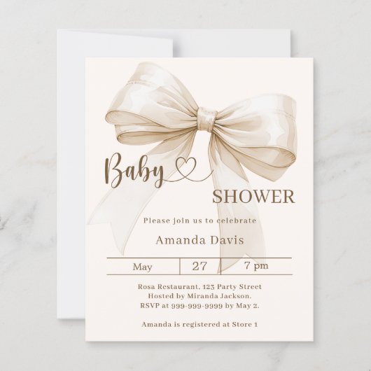 Bow gender neutral beige Baby Shower invitation (正面)