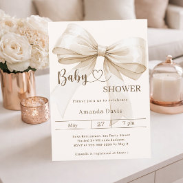 Bow gender neutral beige ivory Baby Shower 招待状