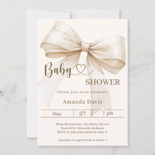 Bow gender neutral beige ivory Baby Shower 招待状 (正面)