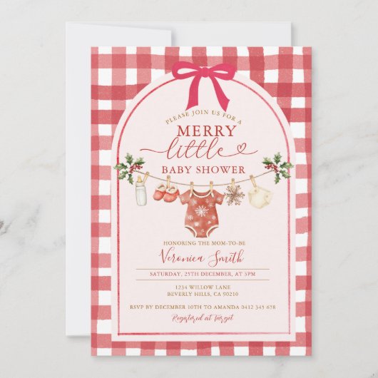 Bow Gingham Clothesline Merry Little Baby Shower 招待状 (正面)