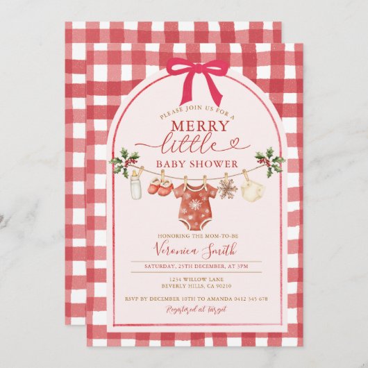 Bow Gingham Clothesline Merry Little Baby Shower 招待状 (正面/裏面)