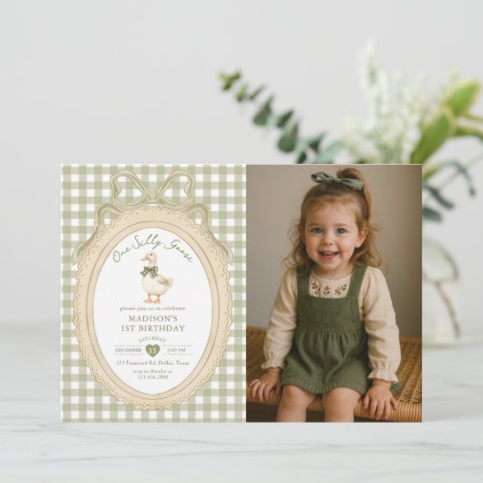 Bow Gingham One Silly Goose 1st Birthday Photo 招待状 (スタンド正面)