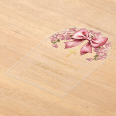 Bow Girl Confirmation Pink Floral Elegant Script アクリル招待状 (レイダウン)
