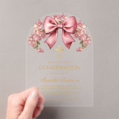 Bow Girl Confirmation Pink Floral Elegant Script アクリル招待状 (インサイチュ (ポータブル))