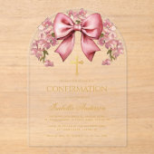 Bow Girl Confirmation Pink Floral Elegant Script アクリル招待状 (正面)
