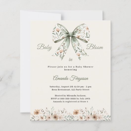 Bow green floral bloom Baby Shower invitation (正面)