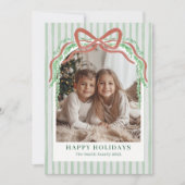 Bow Green Stripe Christmas Photo Holiday Card シーズンカード (正面)