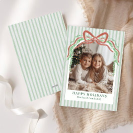 Bow Green Stripe Christmas Photo Holiday Card シーズンカード