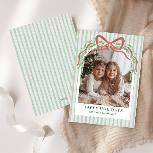 Bow Green Stripe Christmas Photo Holiday Card シーズンカード