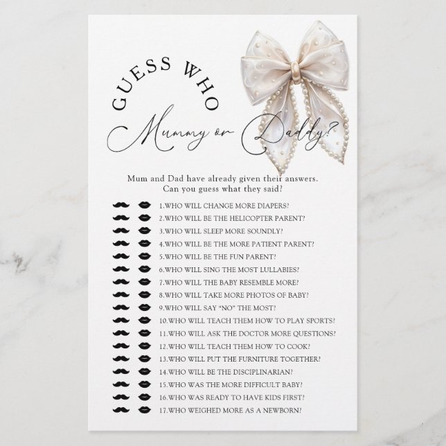 Bow Guess Who Mommy or Daddy Baby Shower Game (正面)