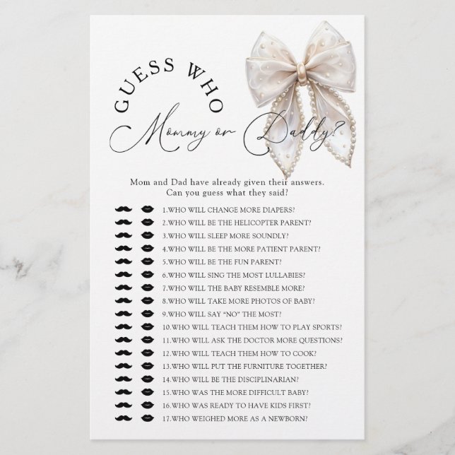 Bow Guess Who Mommy or Daddy Baby Shower Game (正面)