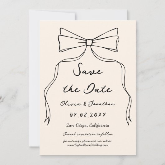 Bow Hand Drawn Wedding日付写真を保存 招待状 (正面)