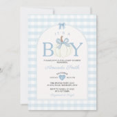 Bow It's A Boy Pumpkin Baby Shower Blue Gingham 招待状 (正面)