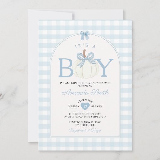 Bow It's A Boy Pumpkin Baby Shower Blue Gingham 招待状 (正面)