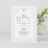 Bow It's A Boy Pumpkin Baby Shower Blue Gingham 招待状 (スタンド正面)