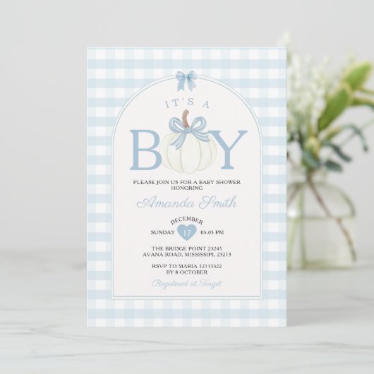 Bow It's A Boy Pumpkin Baby Shower Blue Gingham 招待状 (スタンド正面)