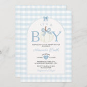 Bow It's A Boy Pumpkin Baby Shower Blue Gingham 招待状 (正面/裏面)