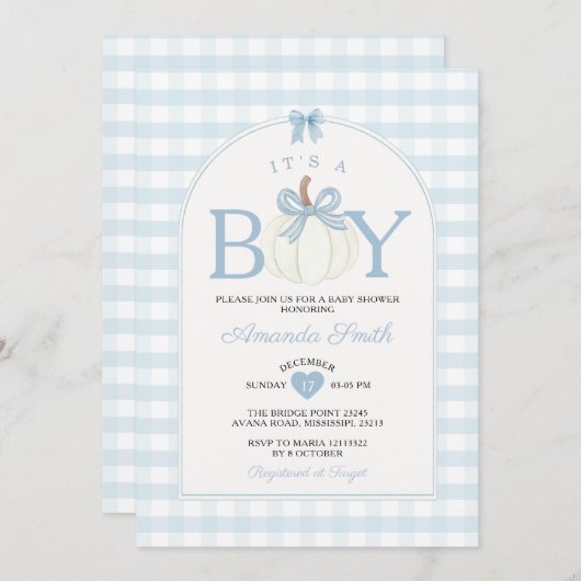 Bow It's A Boy Pumpkin Baby Shower Blue Gingham 招待状 (正面/裏面)