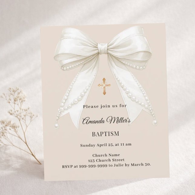 Bow Ivory Beige Pearls Girl Baptism Invitation (クリエイターアップロード済み)