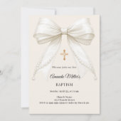 Bow Ivory Cream Pearls Girl Elegant Baptism 招待状 (正面)