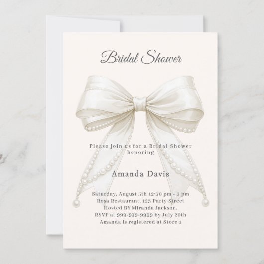 Bow ivory pearls elegant Bridal Shower 招待状 (正面)