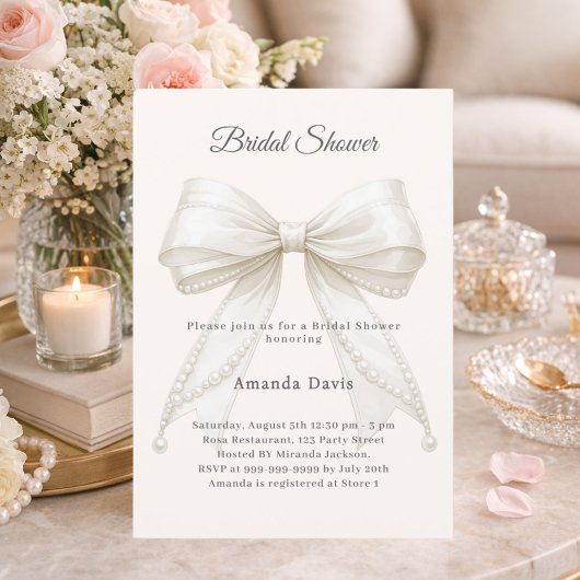 Bow ivory pearls elegant Bridal Shower 招待状