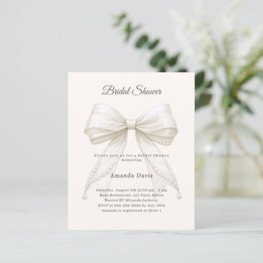 Bow ivory pearls elegant Bridal Shower invitation (スタンド正面)
