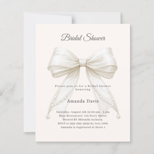 Bow ivory pearls elegant Bridal Shower invitation (正面)