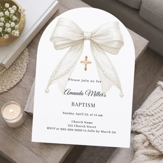 Bow Ivory Pearls Girl Elegant Arch Baptism 招待状