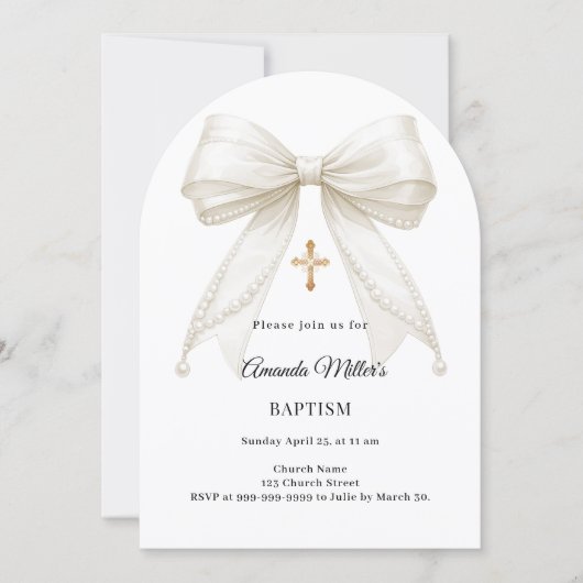 Bow Ivory Pearls Girl Elegant Arch Baptism 招待状 (正面)