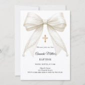 Bow Ivory Pearls Girl Elegant Baptism 招待状 (正面)