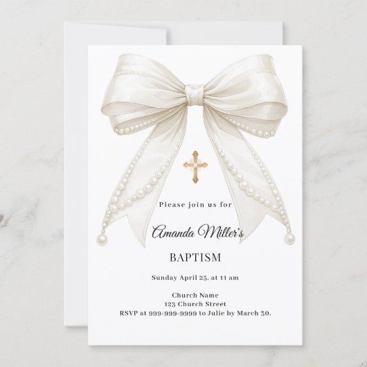 Bow Ivory Pearls Girl Elegant Baptism 招待状 (正面)