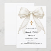 Bow Ivory Pearls Girl Elegant Baptism 招待状 (正面/裏面)