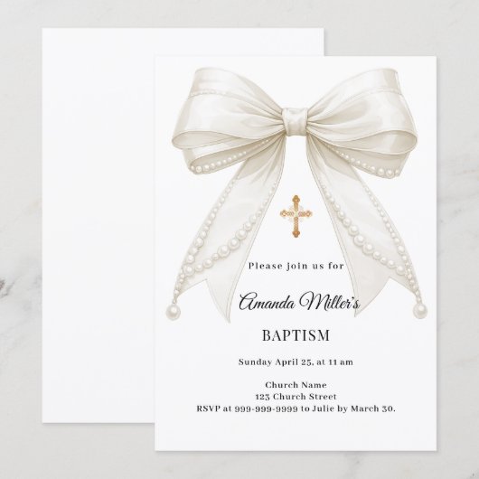 Bow Ivory Pearls Girl Elegant Baptism 招待状 (正面/裏面)