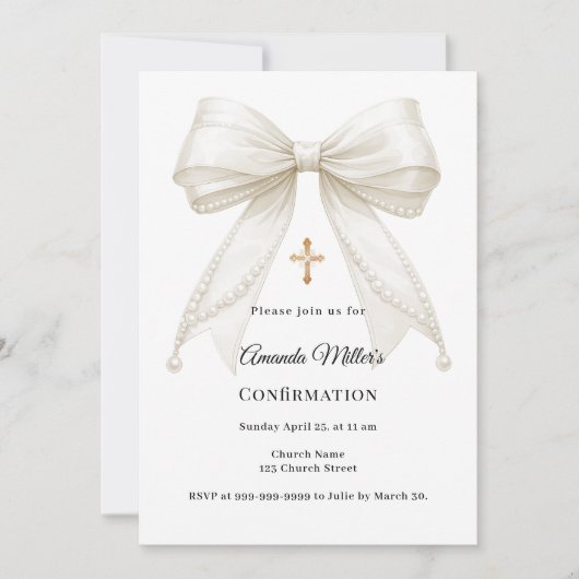 Bow ivory pearls girl elegant Confirmation 招待状 (正面)