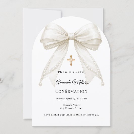 Bow ivory pearls girl elegant Confirmation Arch 招待状 (正面)
