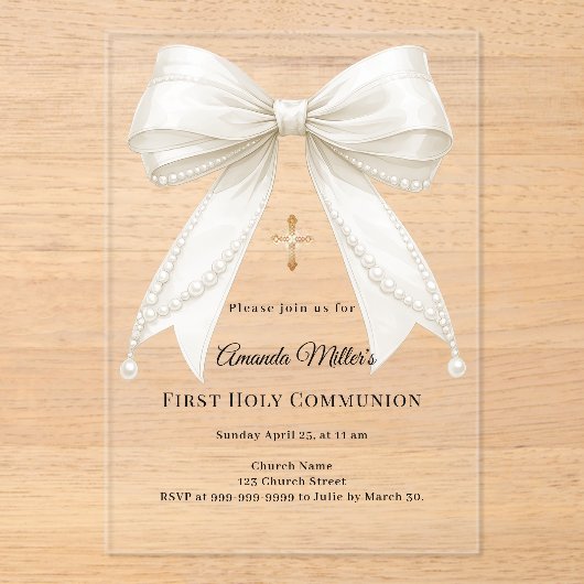 Bow ivory pearls girl elegant First Communion アクリル招待状 (正面)