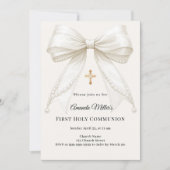 Bow ivory pearls girl elegant First Communion 招待状 (正面)