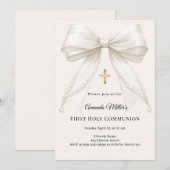 Bow ivory pearls girl elegant First Communion 招待状 (正面/裏面)