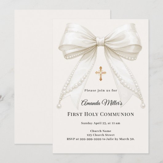 Bow ivory pearls girl elegant First Communion 招待状 (正面/裏面)