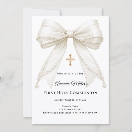Bow ivory pearls girl elegant First Communion 招待状 (正面)