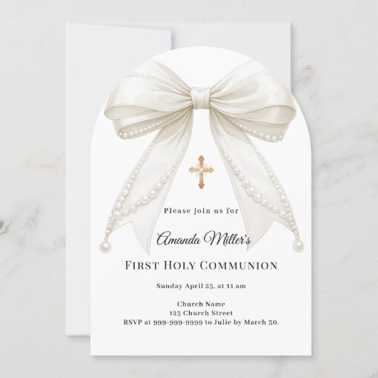 Bow ivory pearls girl elegant First Communion Arch 招待状 (正面)